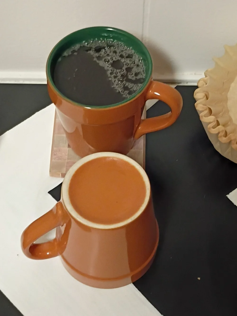 Brown Ceramic Coffee Mugs with Green Interior - Set of 2